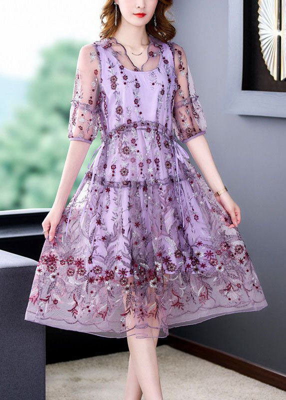 Purple Embroideried Hollow Out Tulle Long Dress Summer
