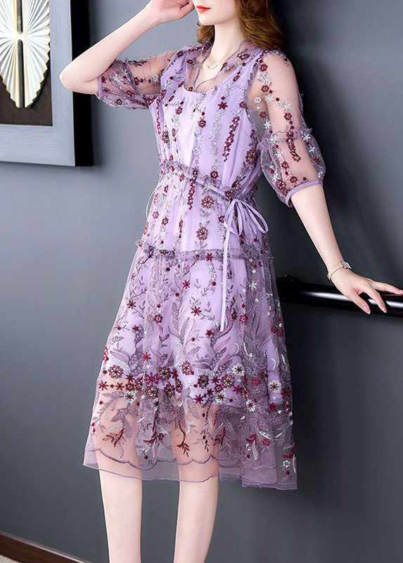 Purple Embroideried Hollow Out Tulle Long Dress Summer