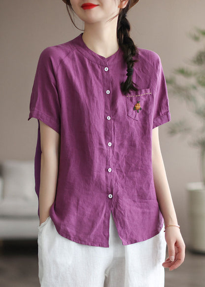 Purple Embroideried Patchwork Linen Blouse Top Summer