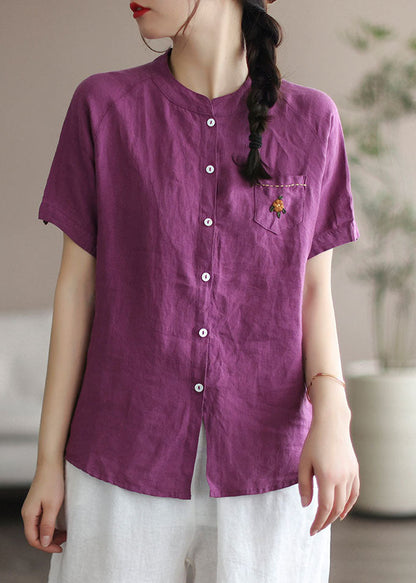 Purple Embroideried Patchwork Linen Blouse Top Summer