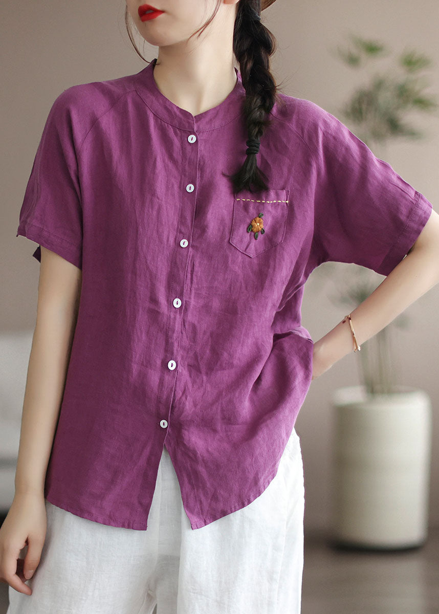 Purple Embroideried Patchwork Linen Blouse Top Summer