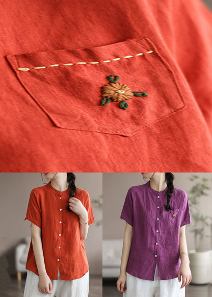 Purple Embroideried Patchwork Linen Blouse Top Summer