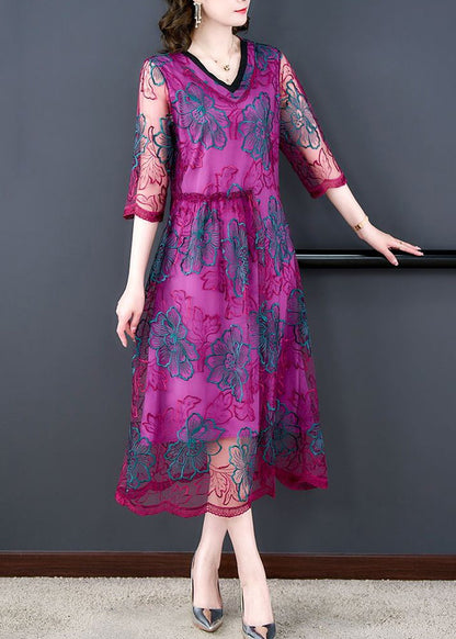 Purple Embroideried Ruffled Tulle Dresses Half Sleeve