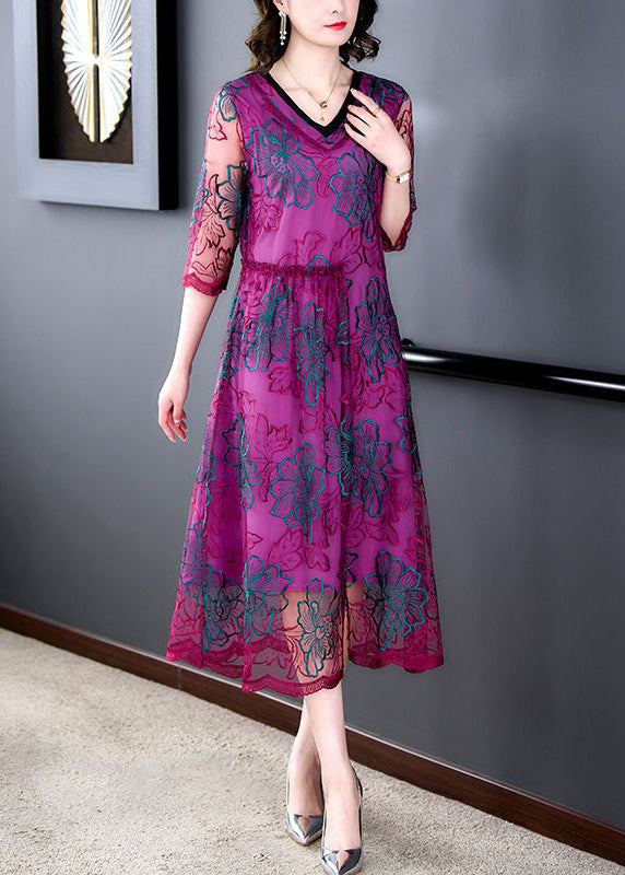 Purple Embroideried Ruffled Tulle Dresses Half Sleeve