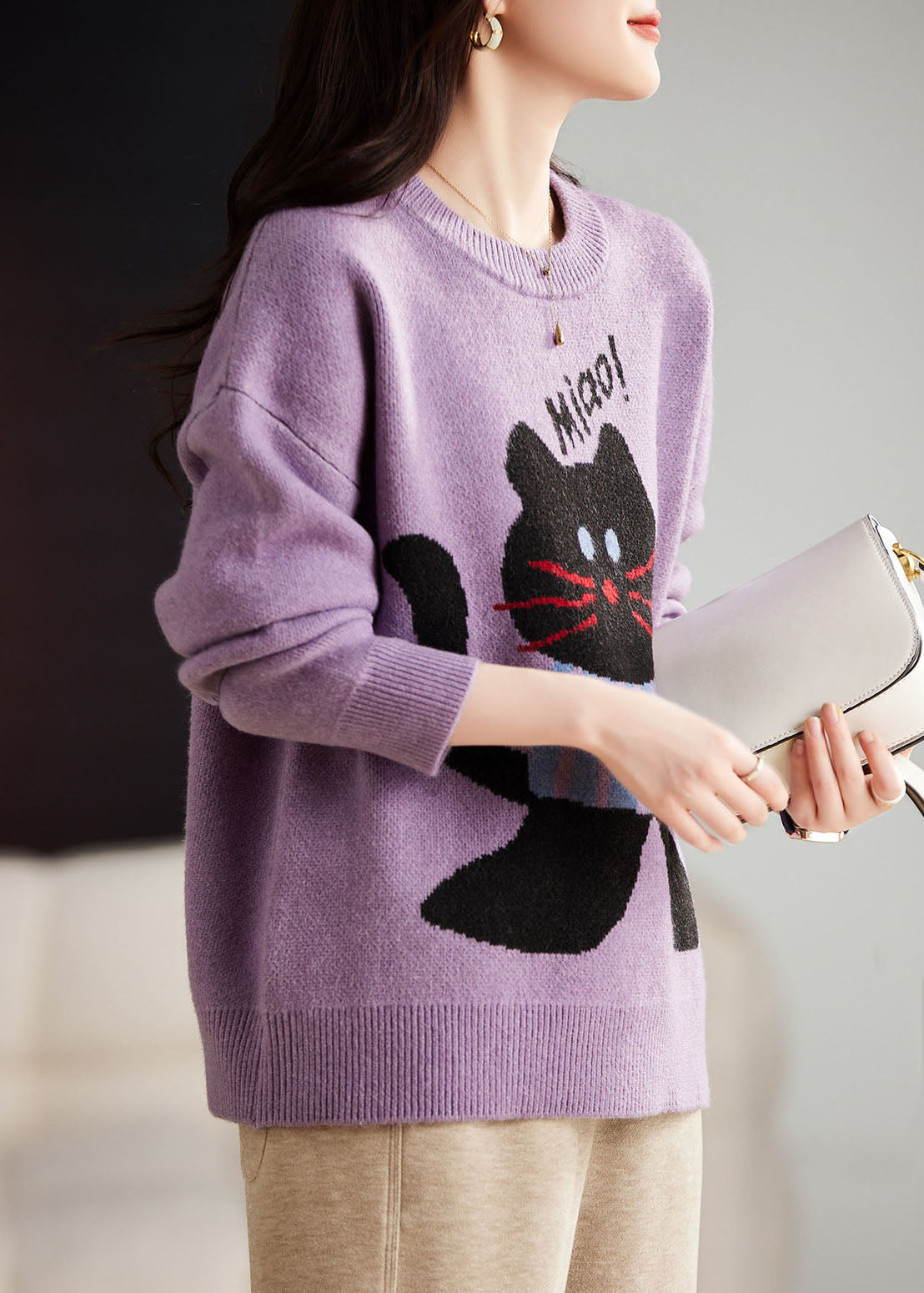 Purple O-neck Animal Print Thick Cotton Knit Sweater Long Sleeve