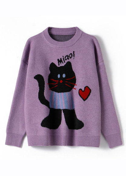 Purple O-neck Animal Print Thick Cotton Knit Sweater Long Sleeve