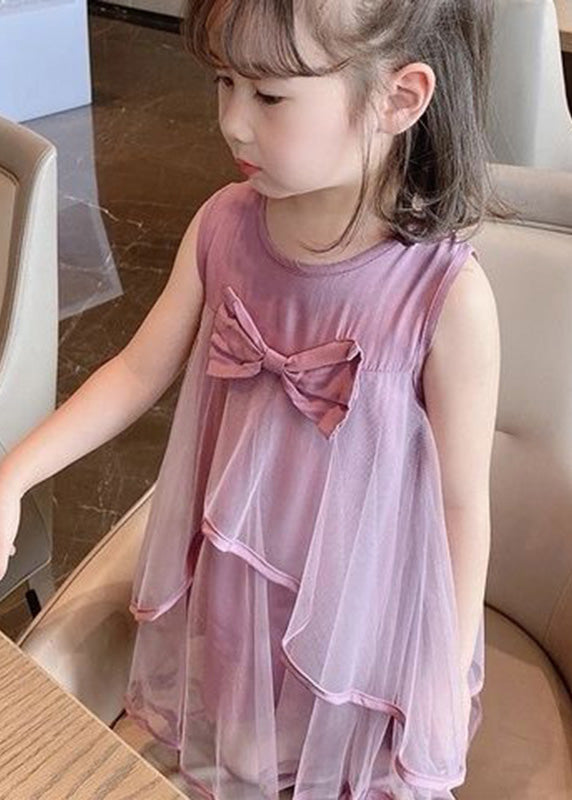 Purple O-neck Bow Patchwork Tulle Mid Dress Sleeveless