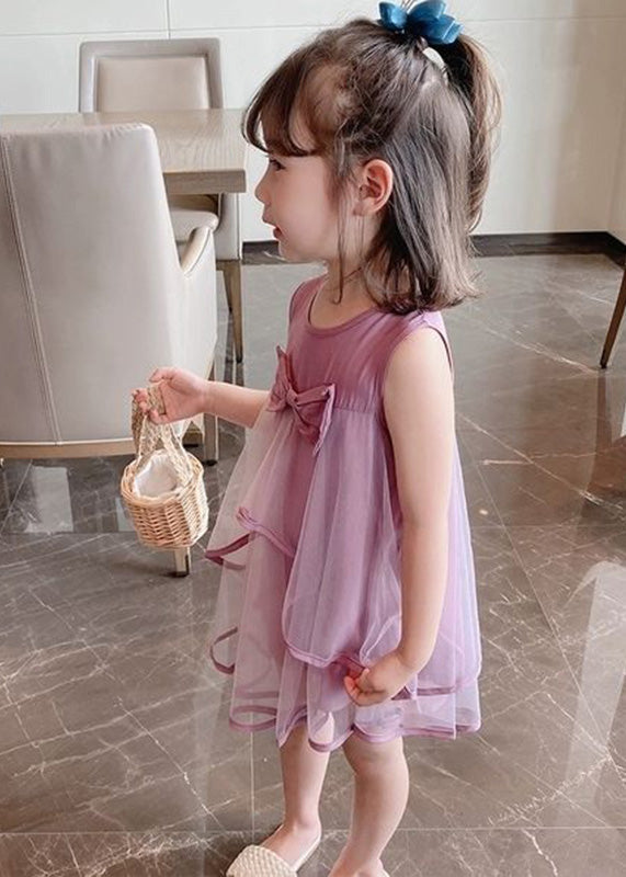 Purple O-neck Bow Patchwork Tulle Mid Dress Sleeveless
