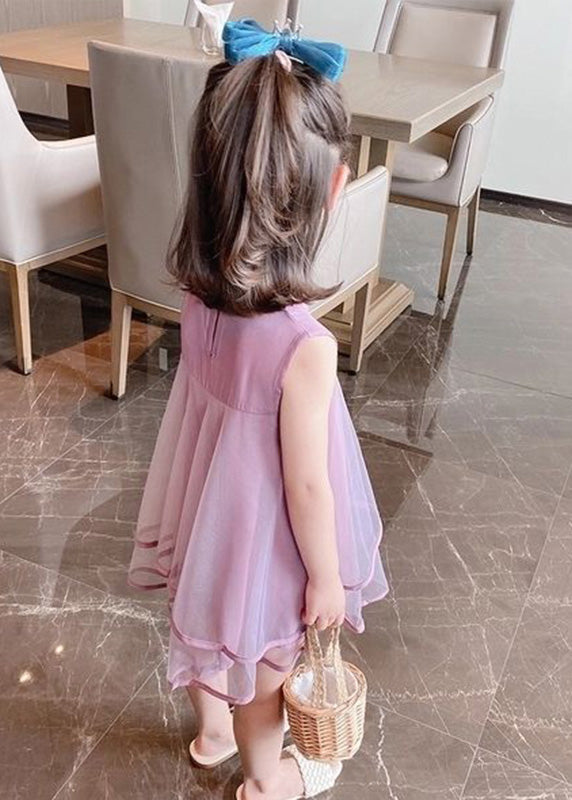 Purple O-neck Bow Patchwork Tulle Mid Dress Sleeveless