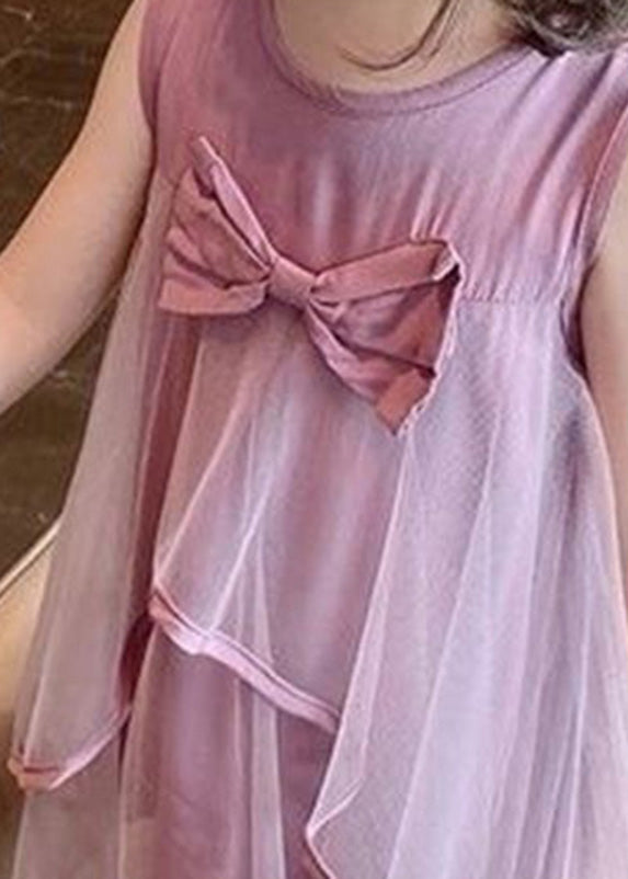 Purple O-neck Bow Patchwork Tulle Mid Dress Sleeveless