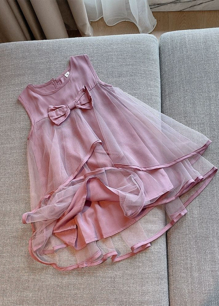 Purple O-neck Bow Patchwork Tulle Mid Dress Sleeveless