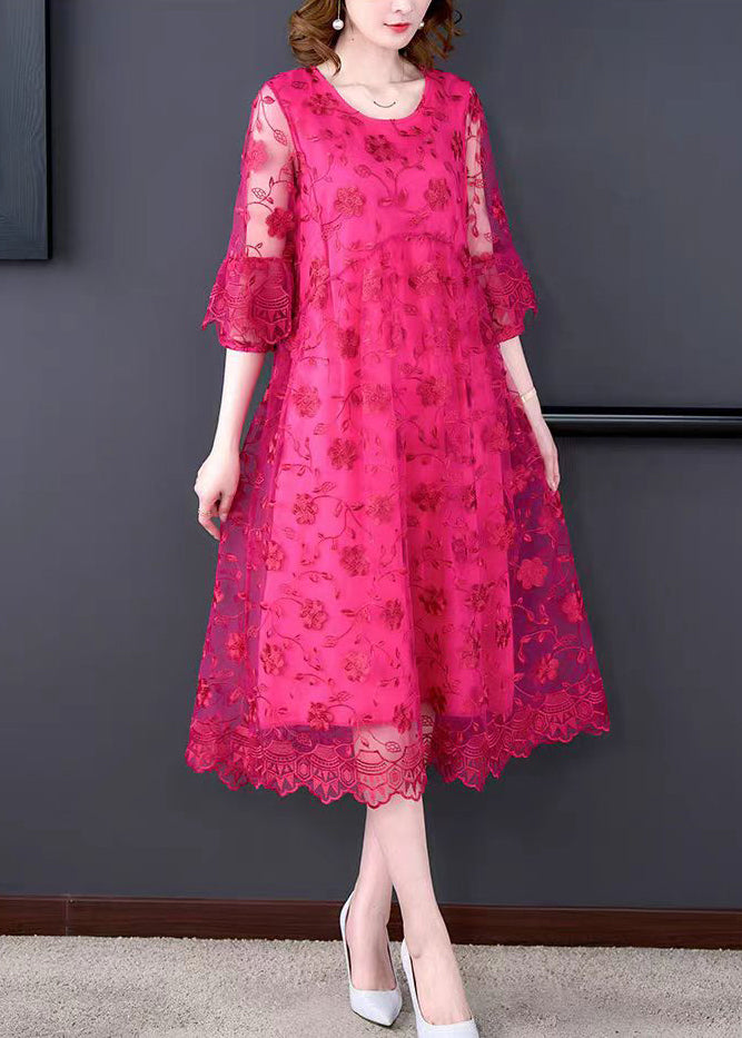 Purple O-neck Embroideried Tulle Long Dresses Half Sleeve