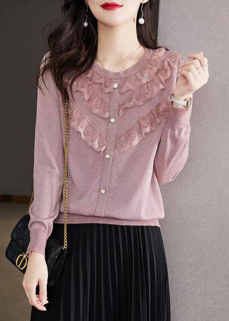 Purple O Neck Ruffled Patchwork Knit Tops Fall