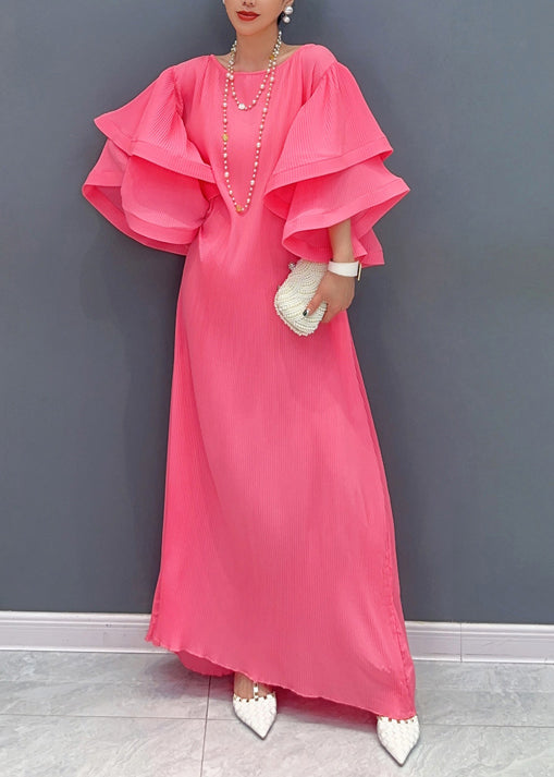 Purple O Neck Wrinkled Long Dresses Butterfly Sleeve
