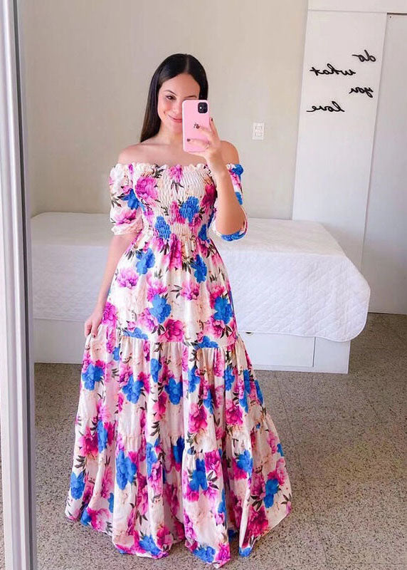 Purple Off the Shoulder Wrinkled Print Patchwork Cotton Dress Summer