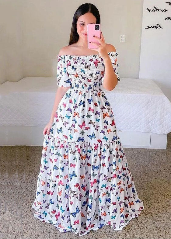 Purple Off the Shoulder Wrinkled Print Patchwork Cotton Dress Summer