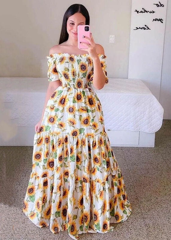 Purple Off the Shoulder Wrinkled Print Patchwork Cotton Dress Summer