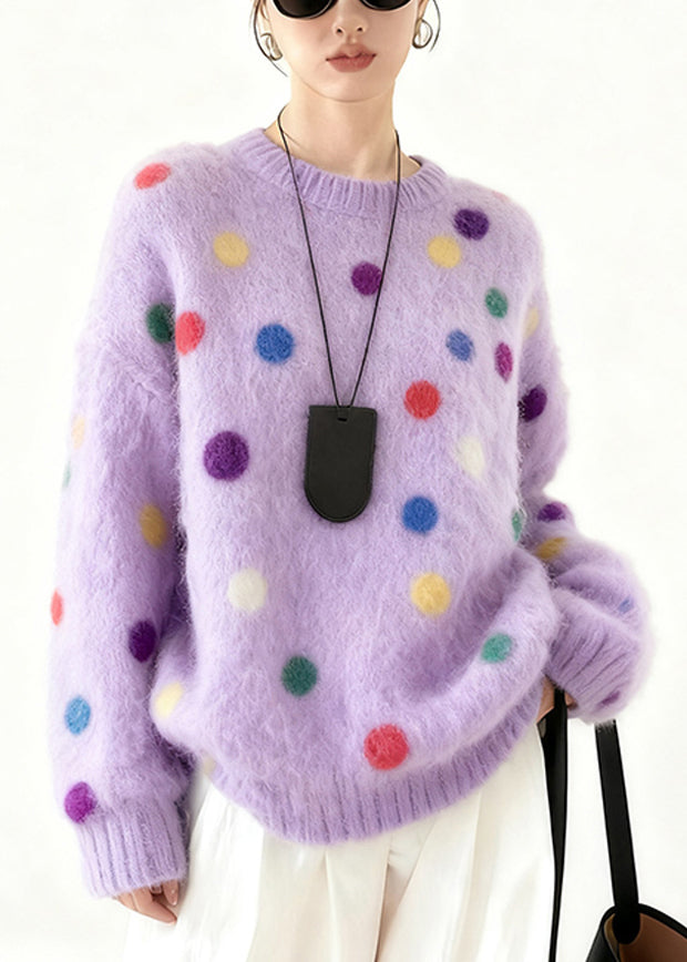 Purple Oversized Multicolour Dots Knit Sweater Tops Winter