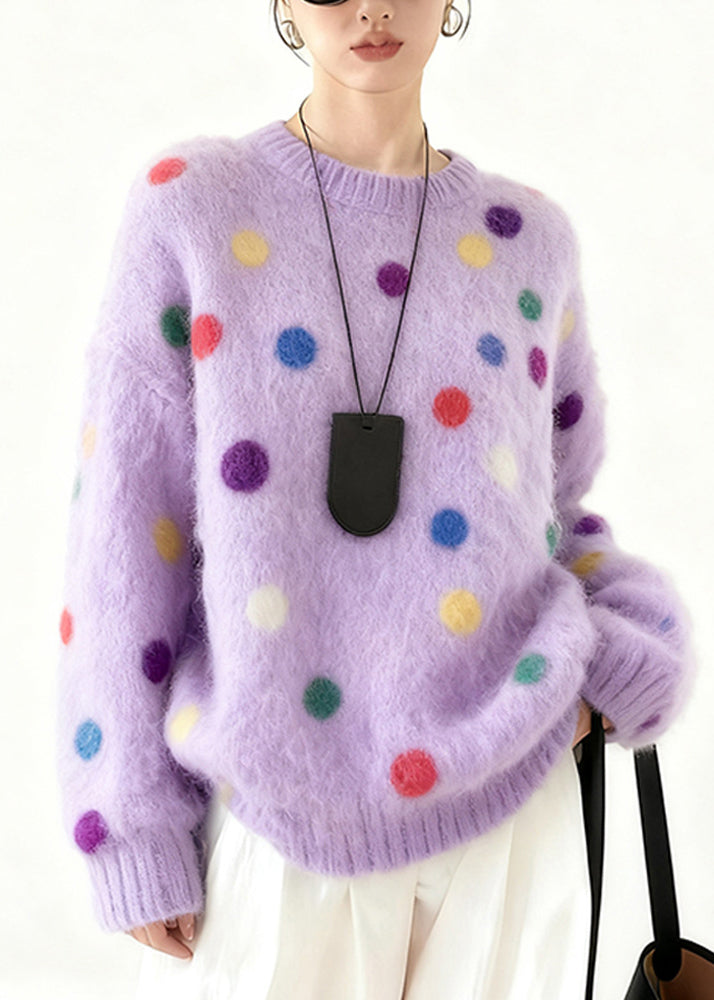 Purple Oversized Multicolour Dots Knit Sweater Tops Winter