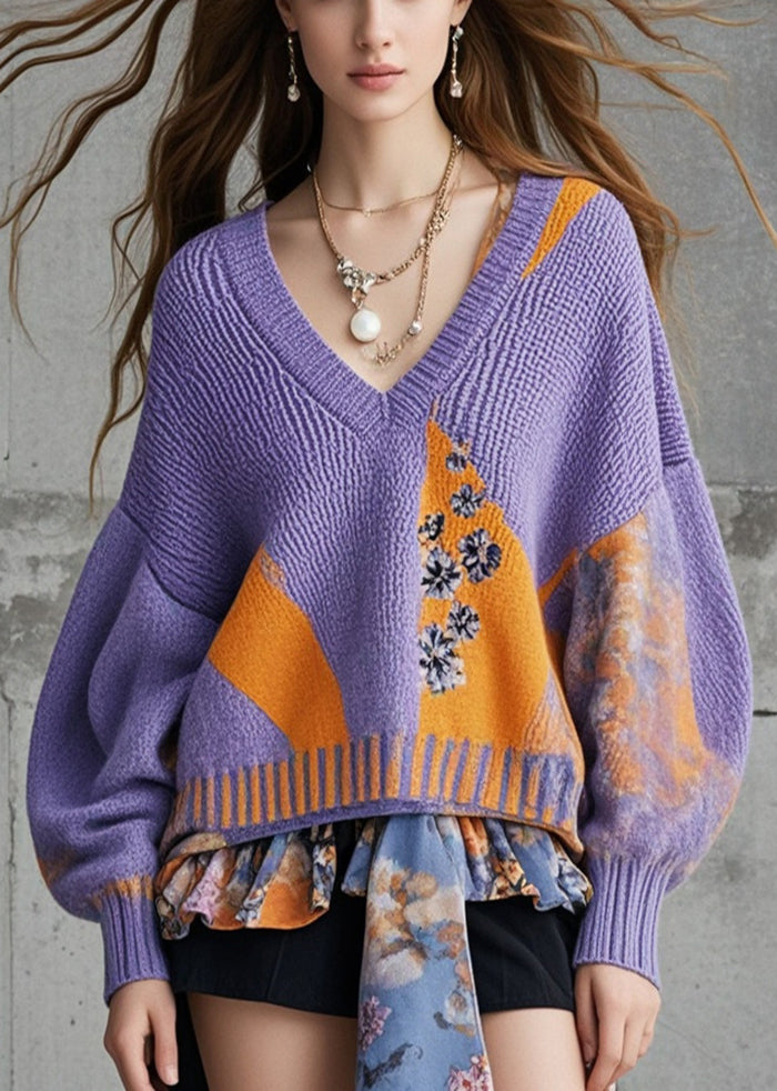 Purple Oversized Patchwork Knit Sweaters Fall