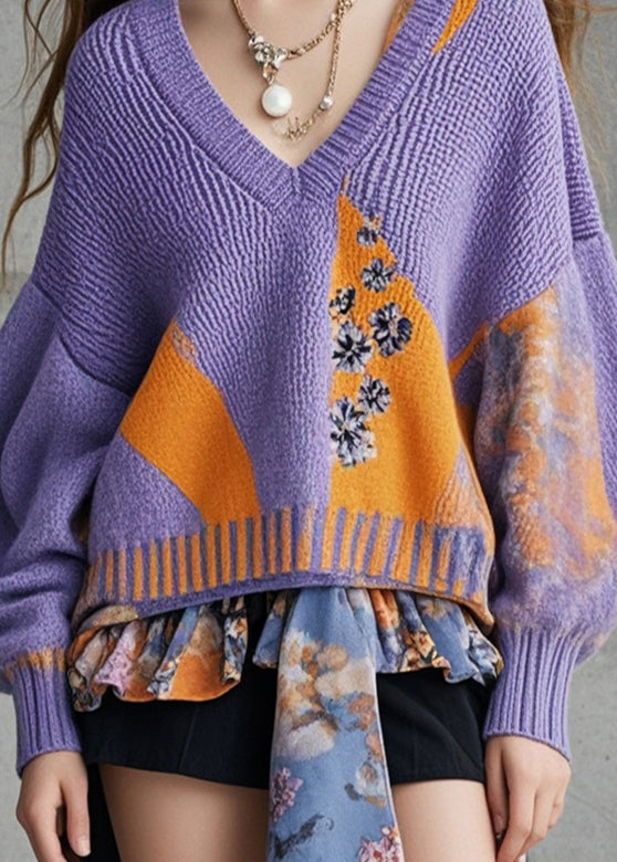 Purple Oversized Patchwork Knit Sweaters Fall