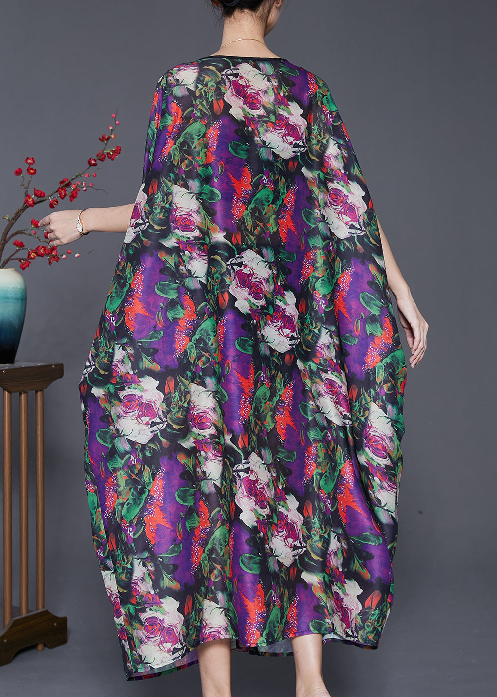 Purple Oversized Print Chiffon Long Dresses Batwing Sleeve