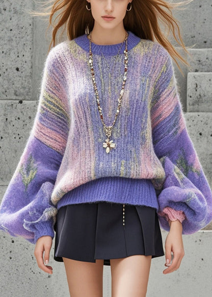 Purple Oversized Print Thick Short Sweater Lantern Sleeve