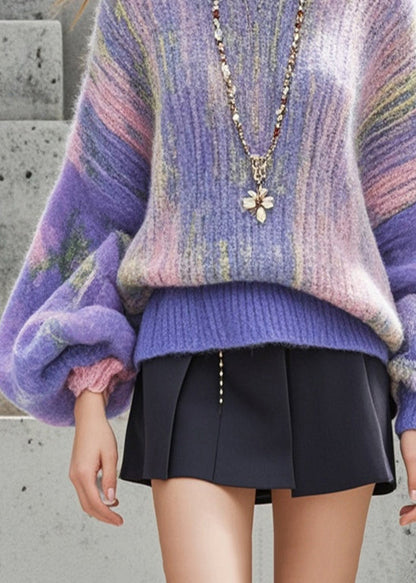 Purple Oversized Print Thick Short Sweater Lantern Sleeve