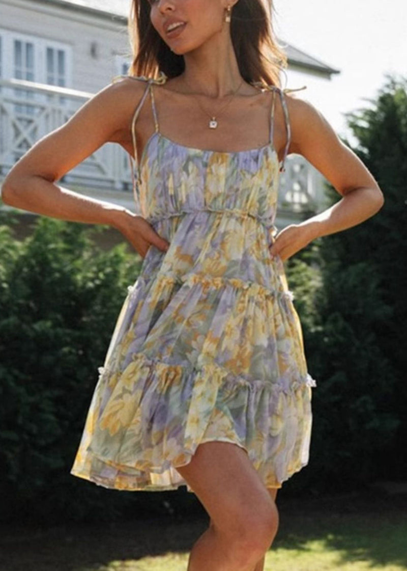 Purple Print Chiffon Tea Dress Summer
