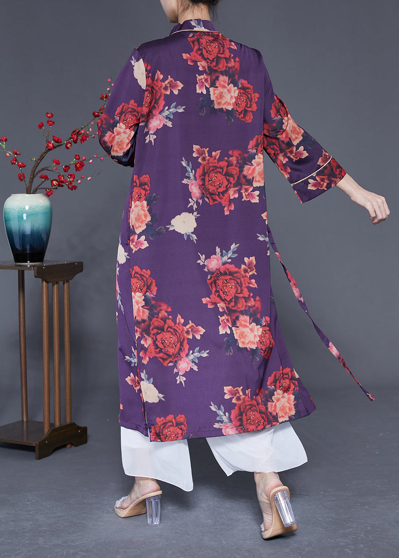 Purple Print Lace Up Side Open Silk Long Dress Bracelet Sleeve