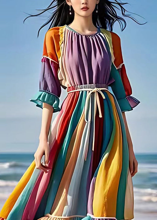 Purple Ruffled Lace Up Patchwork Chiffon Dress Half Sleeve