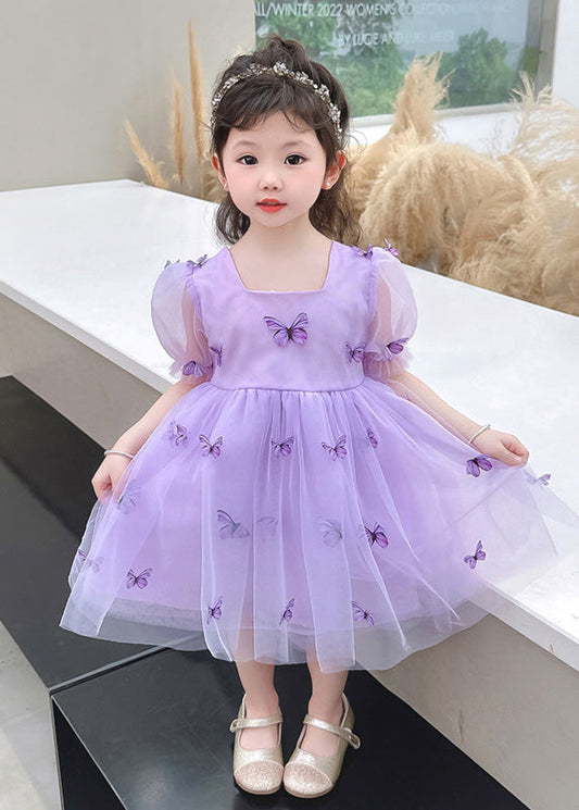 Purple Square Collar Tulle Long Dresses Summer