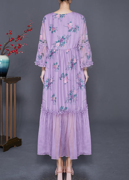 Purple Square Collar Patchwork Ruffled Silk Dresses Summer