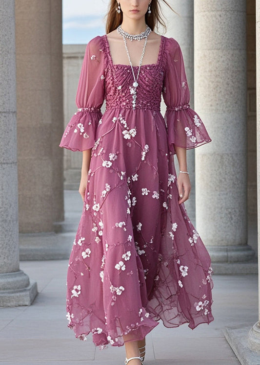 Purple Square Collar Print Chiffon Holiday Dress Summer