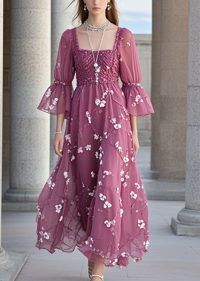Purple Square Collar Print Chiffon Holiday Dress Summer