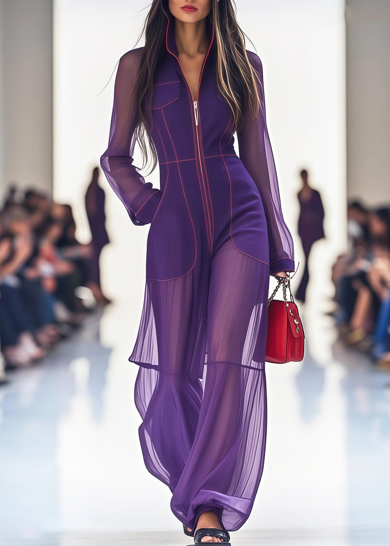Purple Stand Collar Patchwork Tulle Jumpsuit Summer