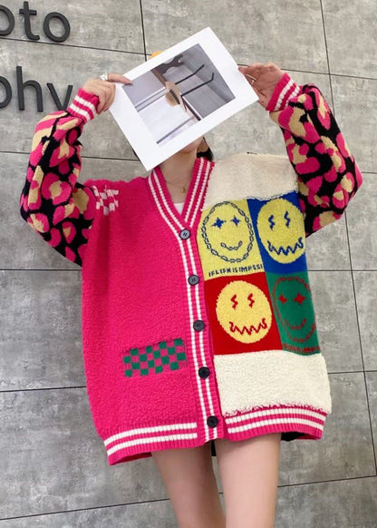 Purple V Neck Button Patchwork Knit Cardigans Spring