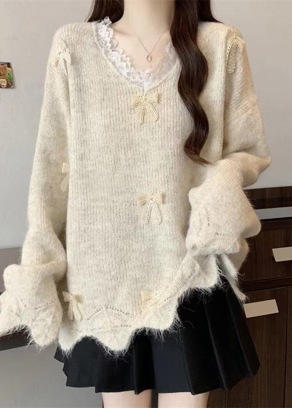 Purple V Neck Lace Bow Knit Sweater Tops Winter