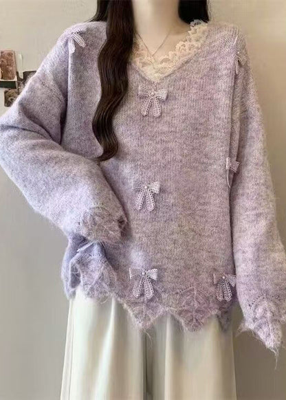 Purple V Neck Lace Bow Knit Sweater Tops Winter