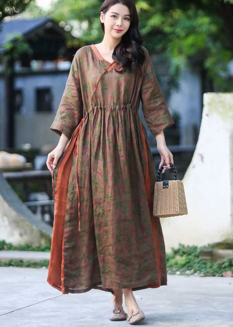 Purple V Neck Print Drawstring Patchwork Linen Dresses Summer