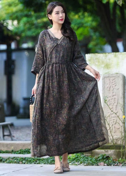 Purple V Neck Print Drawstring Patchwork Linen Dresses Summer