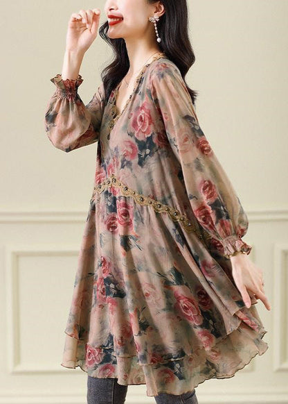 Purple V Neck Print Nail Bead Chiffon Mid Dress Spring