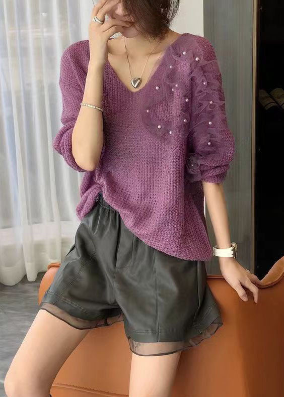 Purple V Neck Ruffled Tulle Patchwork Nail Bead Knitted Tops Long Sleeve
