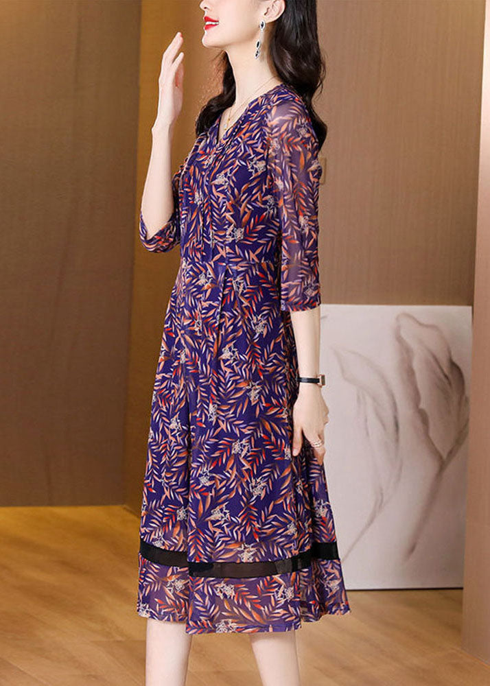 Purple V Neck Wrinkled Tulle Patchwork Print Chiffon Dresses Half Sleeve