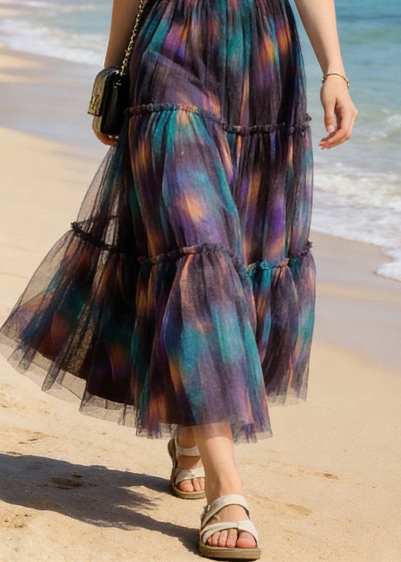 Purple Wrinkled Patchwork Tulle Skirt Summer