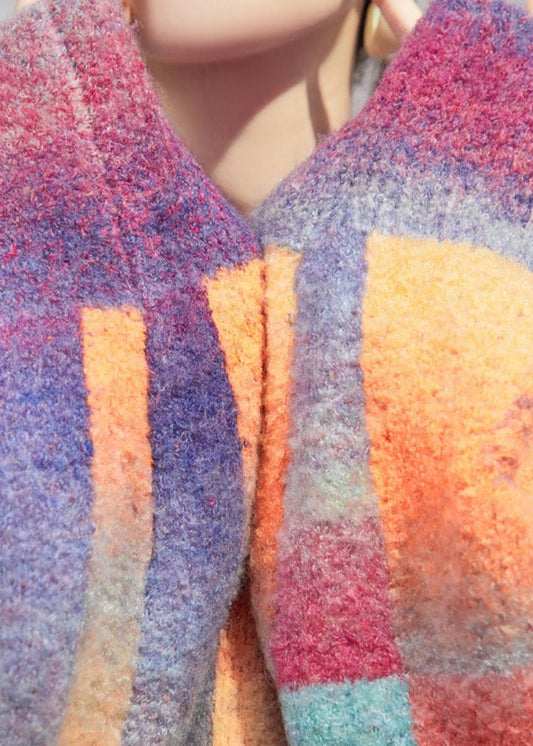 Rainbow Hole Hooded Sweaters and Maxi Skirts Knitted Cotton Thread Two Pieces Set Spring