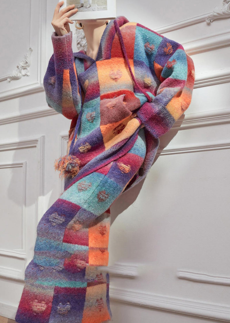Rainbow Hole Hooded Sweaters and Maxi Skirts Knitted Cotton Thread Two Pieces Set Spring