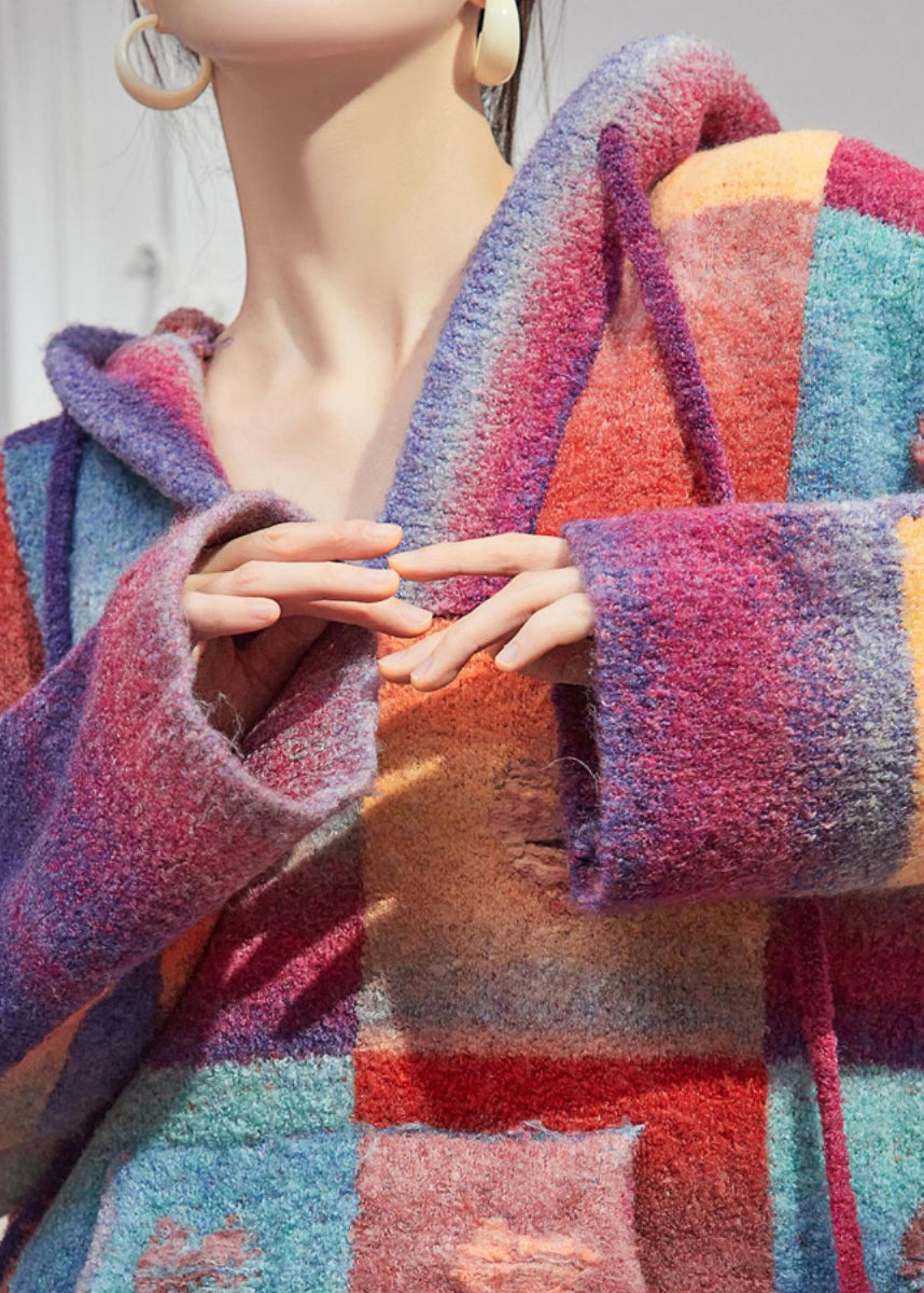 Rainbow Hole Hooded Sweaters and Maxi Skirts Knitted Cotton Thread Two Pieces Set Spring