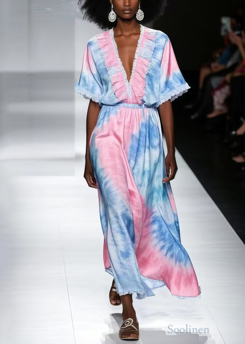 Rainbow Ruffled Tie Dye Chiffon Maxi Dress Summer