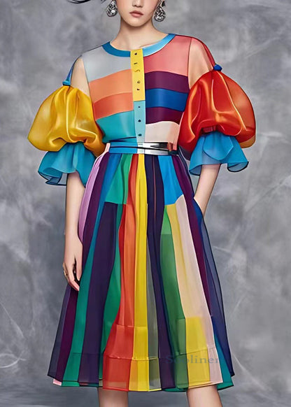Rainbow Tie Waist Vacation Chiffon Long Dresses Summer